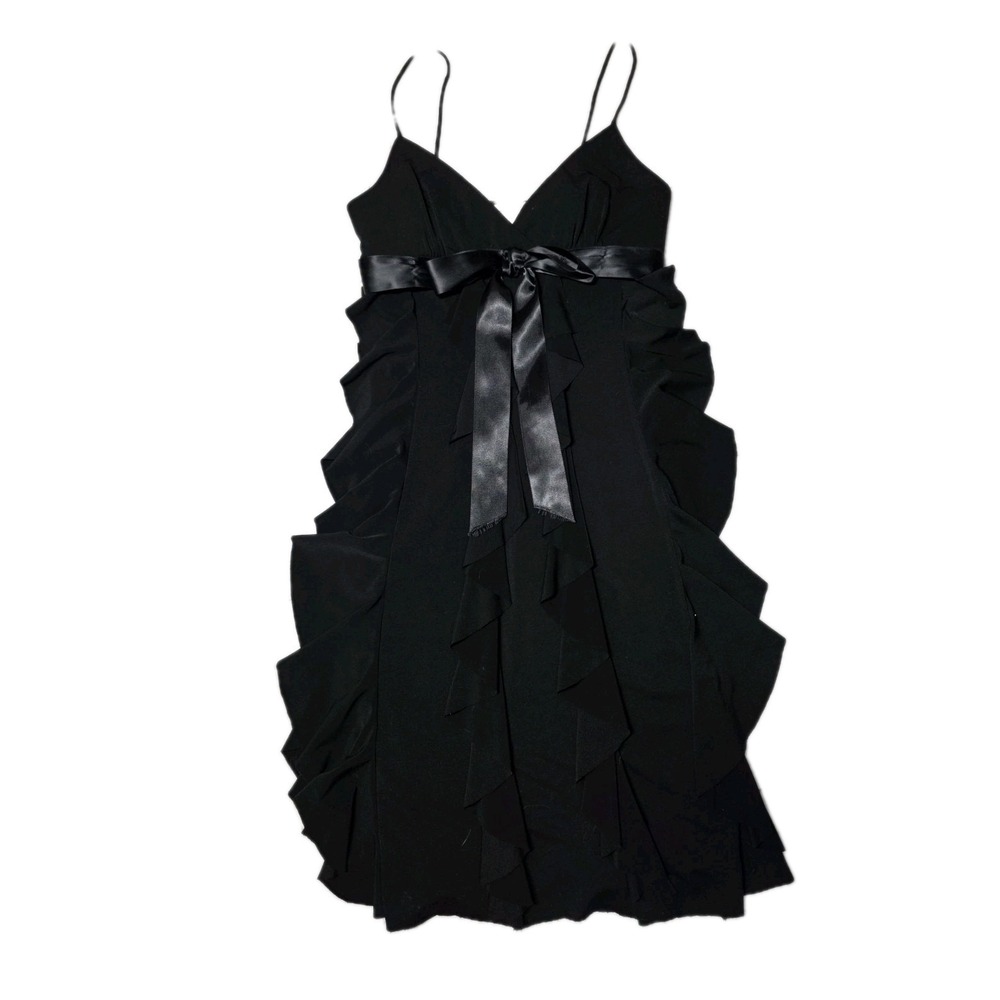 Betsy & Adam Black Cocktail Dress Size 4 Satin Waist Tie Layered Ruffle USA